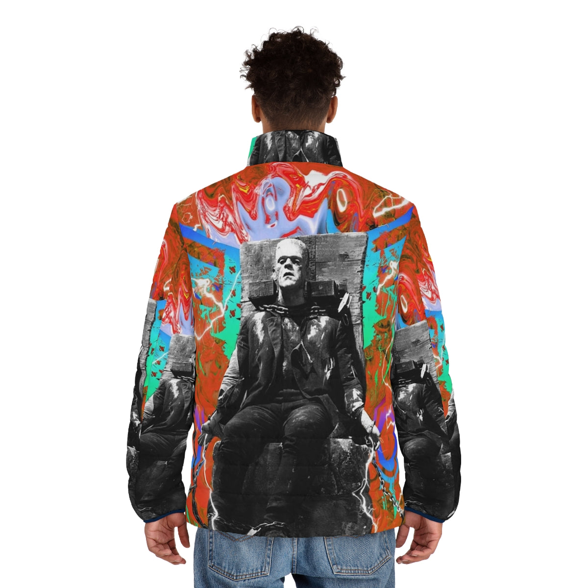 Frankenstein-inspired puffer jacket with a modern, colorful design - men back