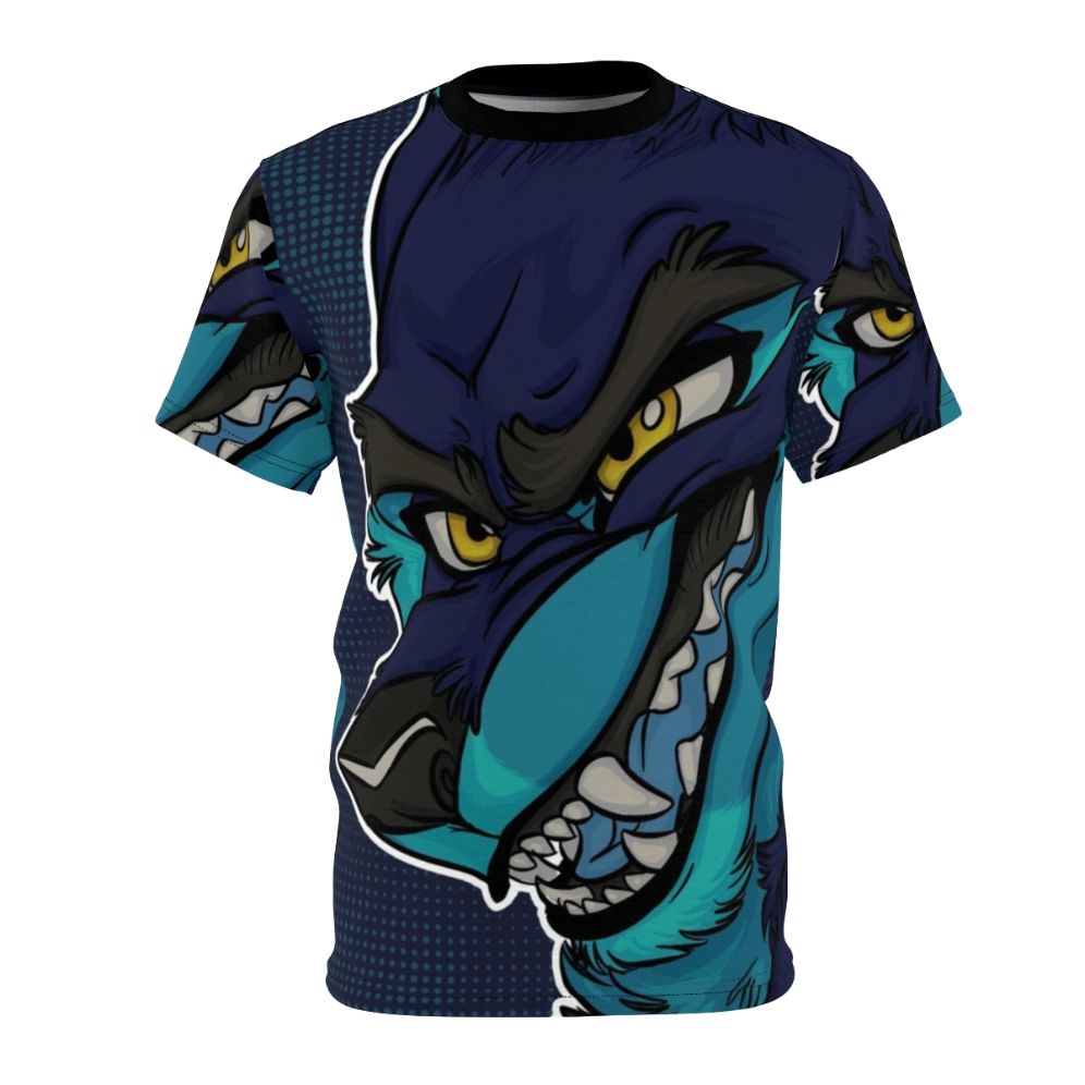 Fierce and commanding blue furry wolf anthro character design on a t-shirt