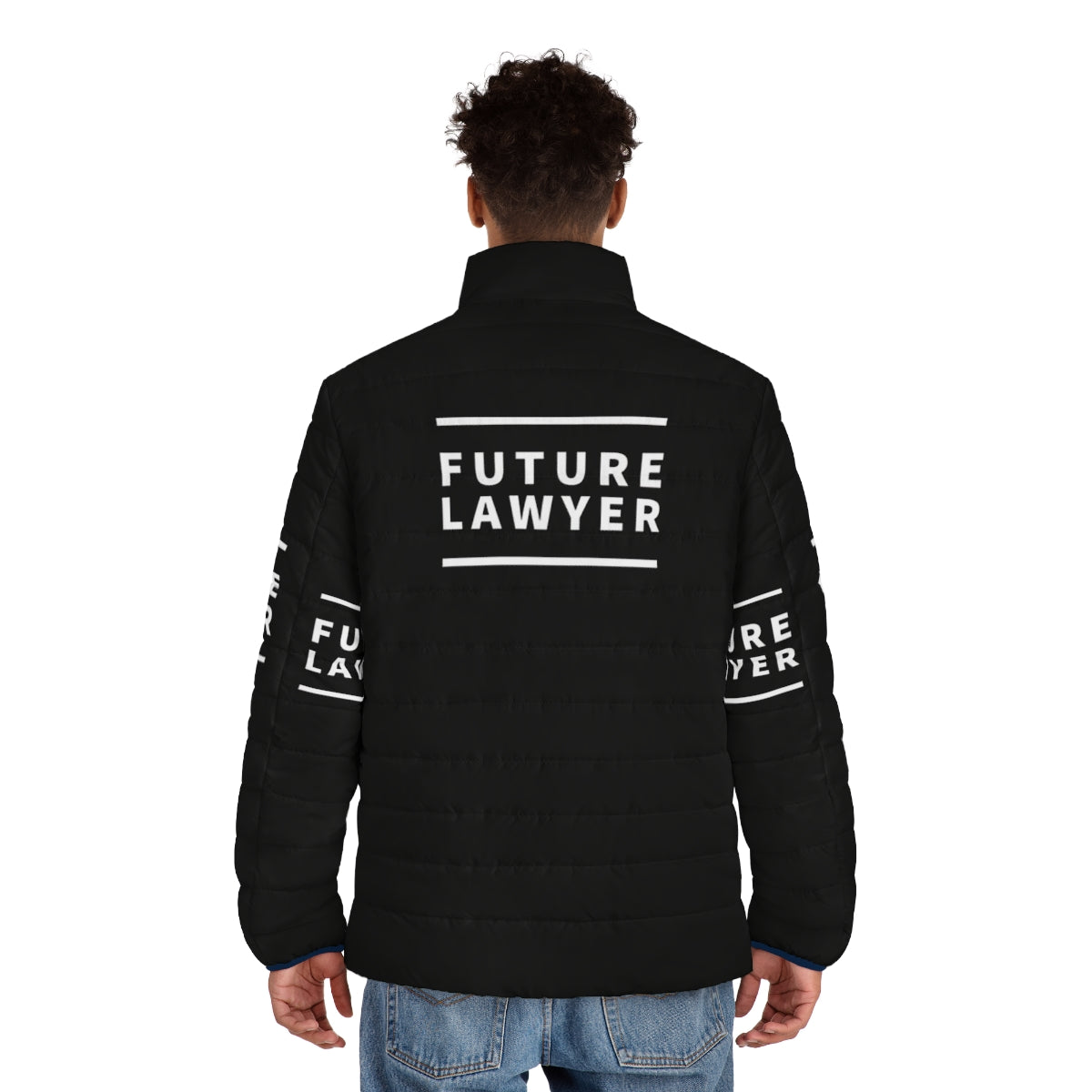 A stylish puffer jacket for future lawyers, featuring the text "Note The Future Lawyer" - men back