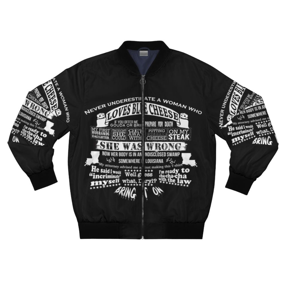 Blue cheese themed bomber jacket for parody and comedy lovers