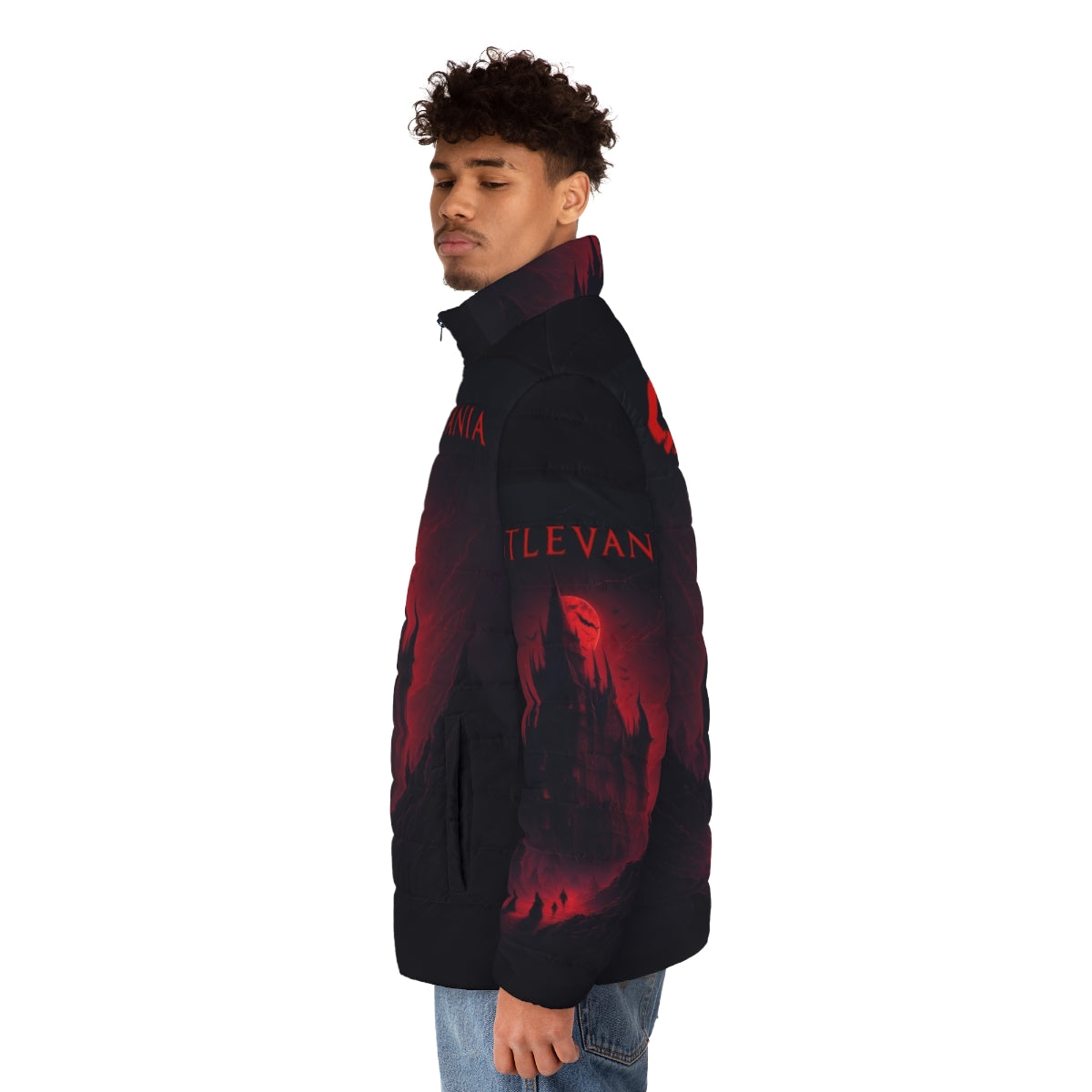 Netflix Castlevania World of Darkness Puffer Jacket featuring Alucard and Trevor Belmont - men side left