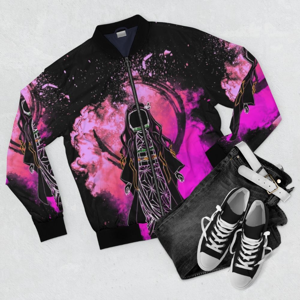 Demon Slayer inspired anime bomber jacket with colorful abstract silhouette design - Flat lay