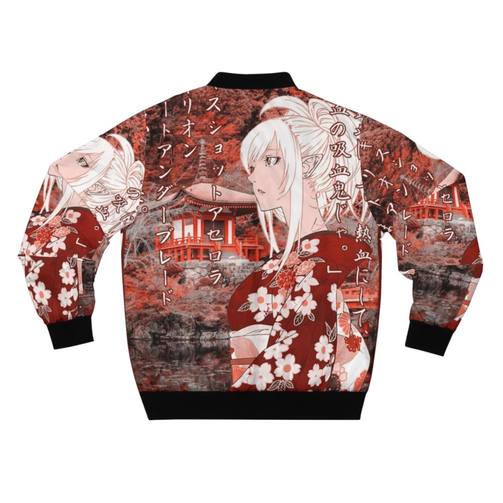 A stylish bomber jacket featuring the character Kiss-Shot Acerola-Orion Heart-Under-Blade from the Monogatari series, with a beautiful Japanese yukata-inspired design. - Back