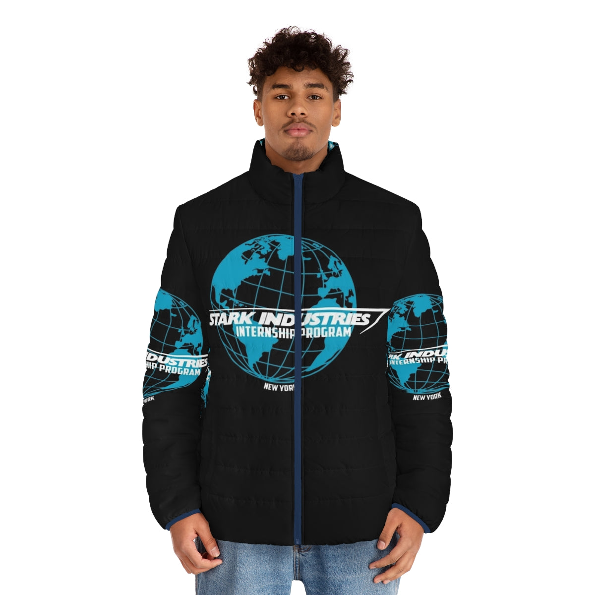 Stark Industries Internship Puffer Jacket featuring Iron Man and Spider-Man graphics - men front