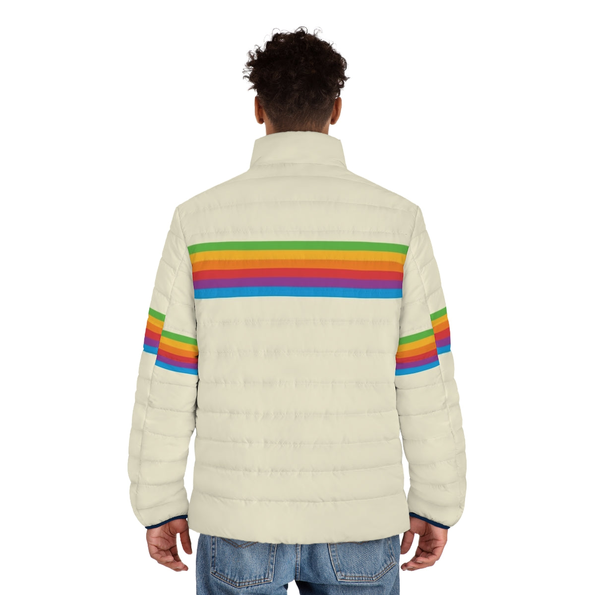 Retro colorful puffer jacket with an Apple rainbow design - men back