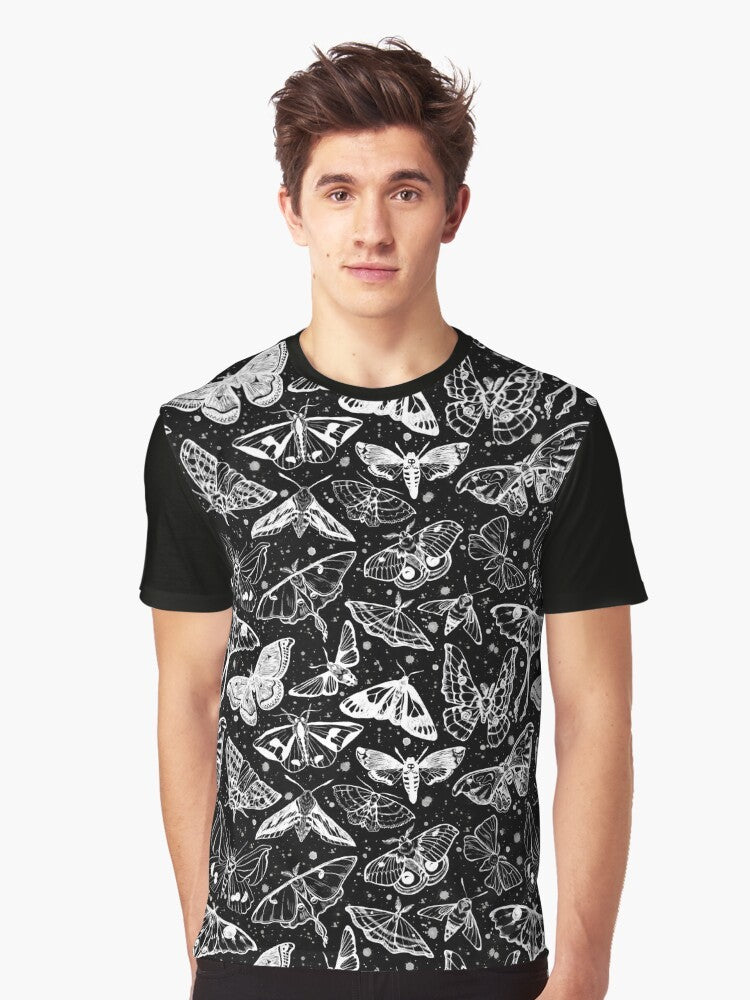 Artistic illustration of a mystical moth on a black graphic t-shirt - Men