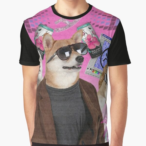 Vaporwave dog graphic design on a t-shirt with a trippy, 90s aesthetic