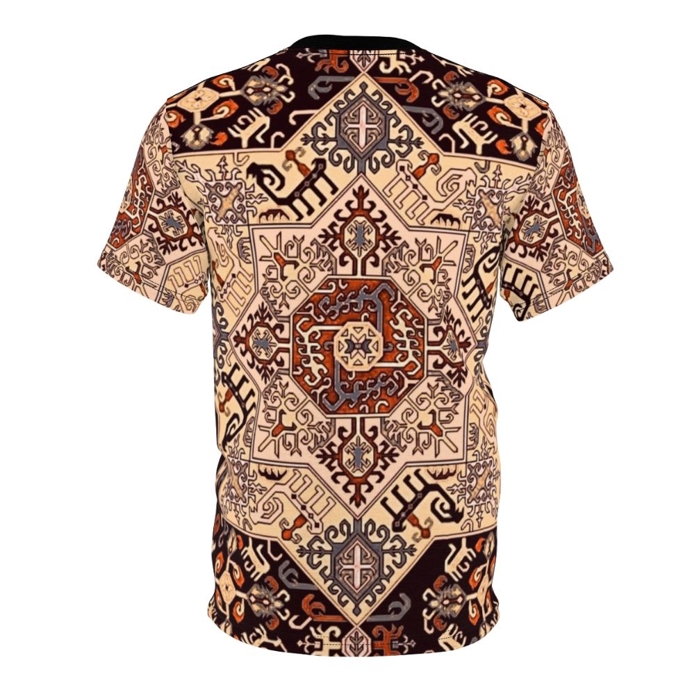 Model wearing a t-shirt featuring traditional Armenian art and design elements - Back