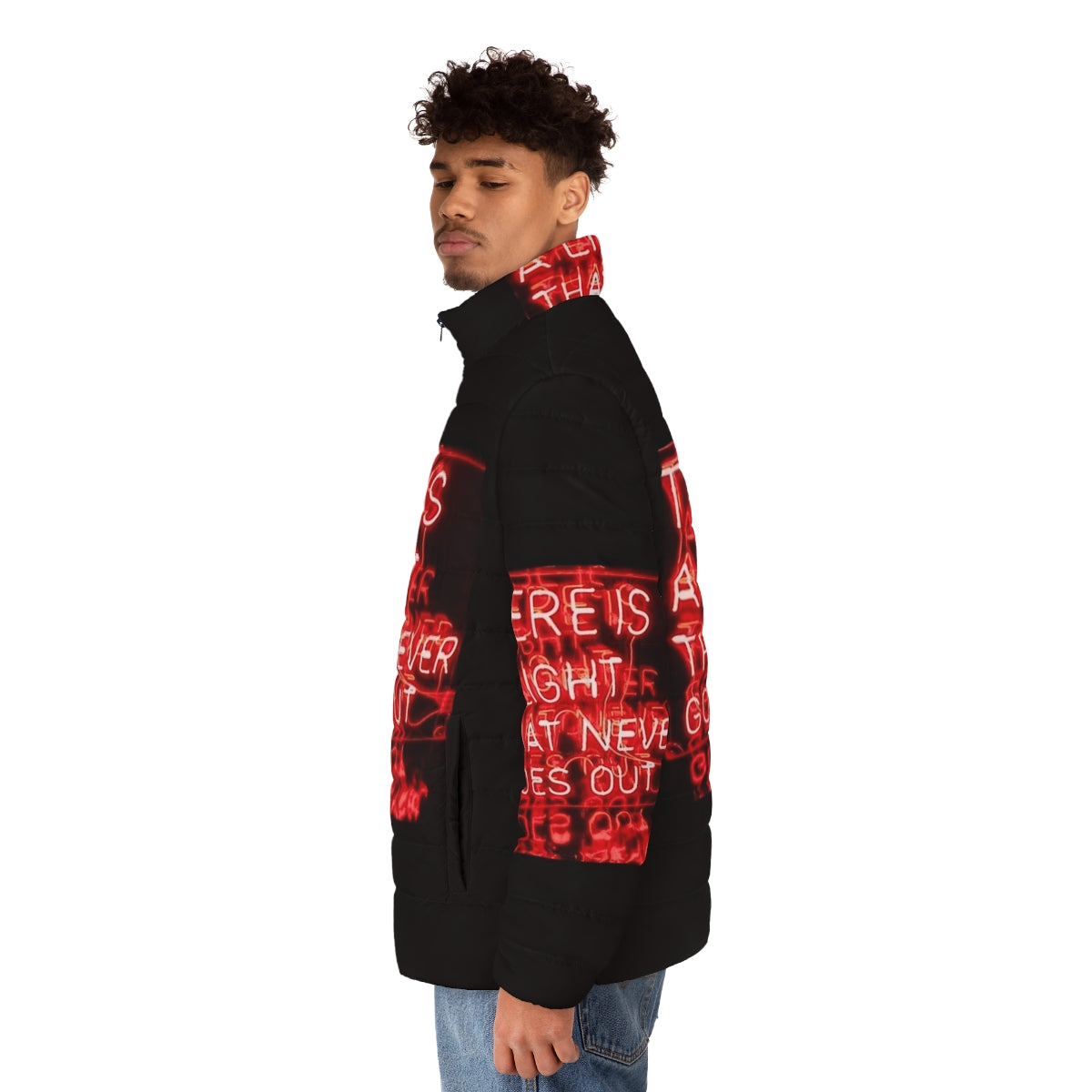 The Smiths "There Is A Light That Never Goes Out" Puffer Jacket with neon lights and red color - men side left