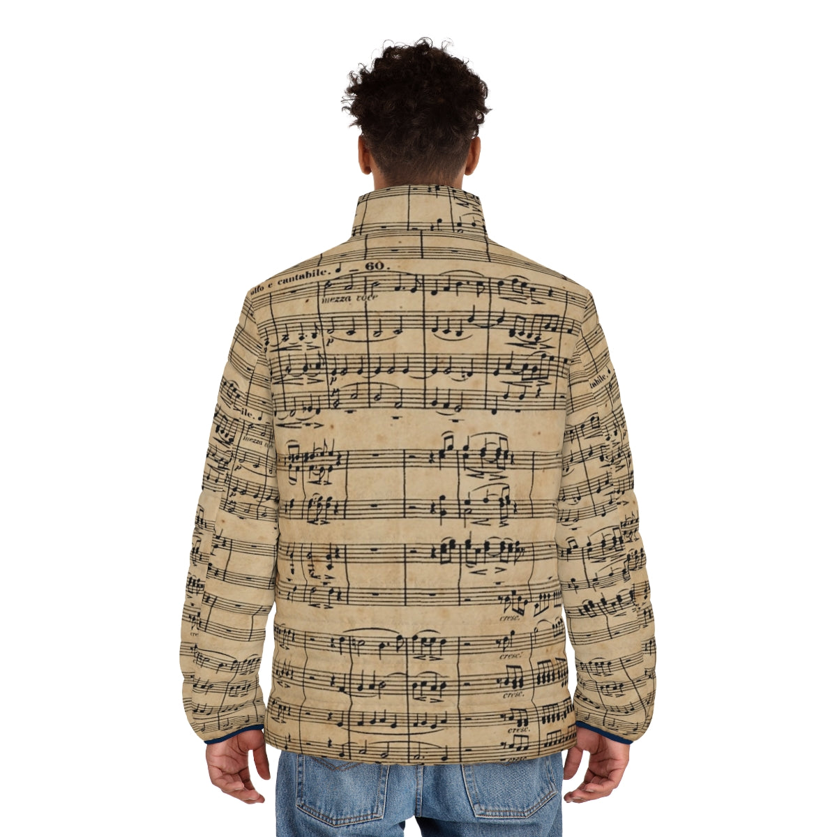 Puffer jacket featuring Beethoven's 9th symphony sheet music on antique paper - men back