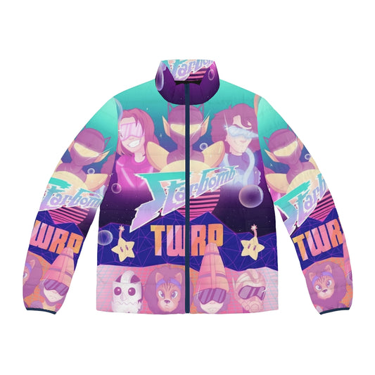 Starbomb TWRP Vaporwave Puffer Jacket featuring retro gaming and music graphics