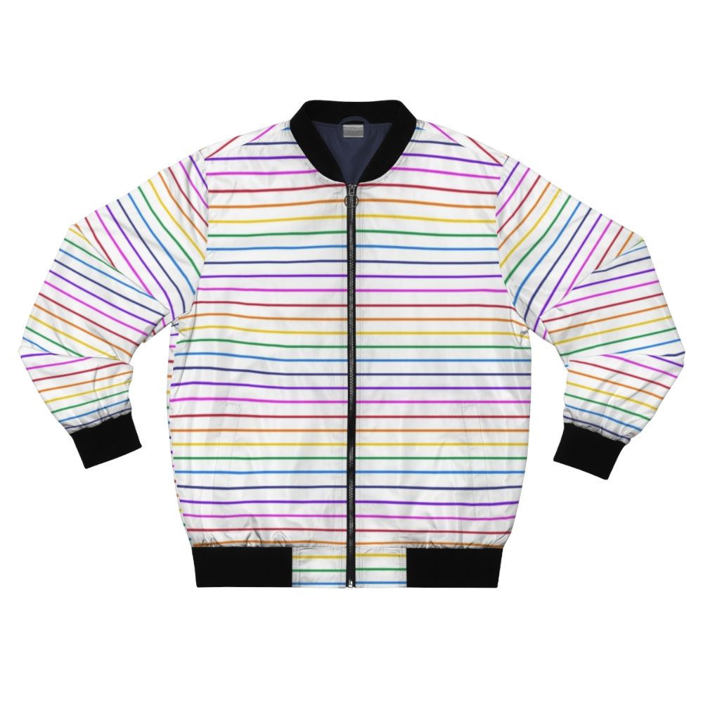 A white bomber jacket with bright horizontal rainbow stripes.