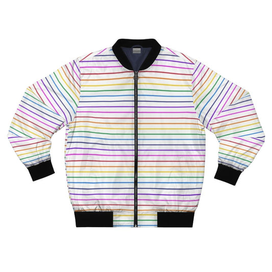 A white bomber jacket with bright horizontal rainbow stripes.