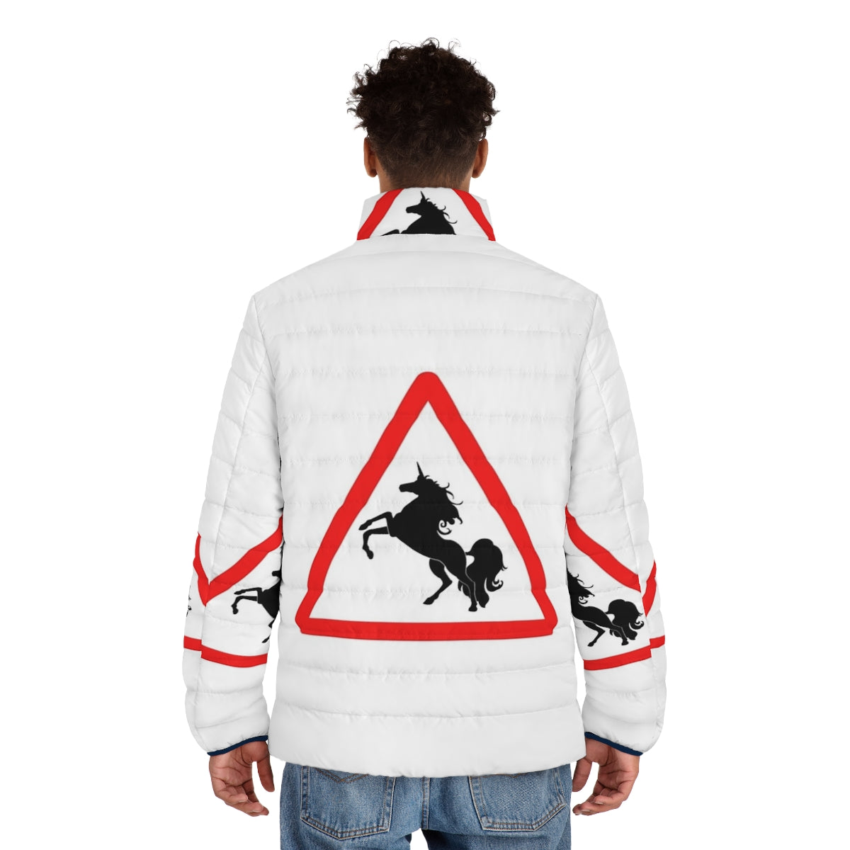 Person wearing a puffer jacket featuring colorful legendary animals like unicorns and dragons - men back