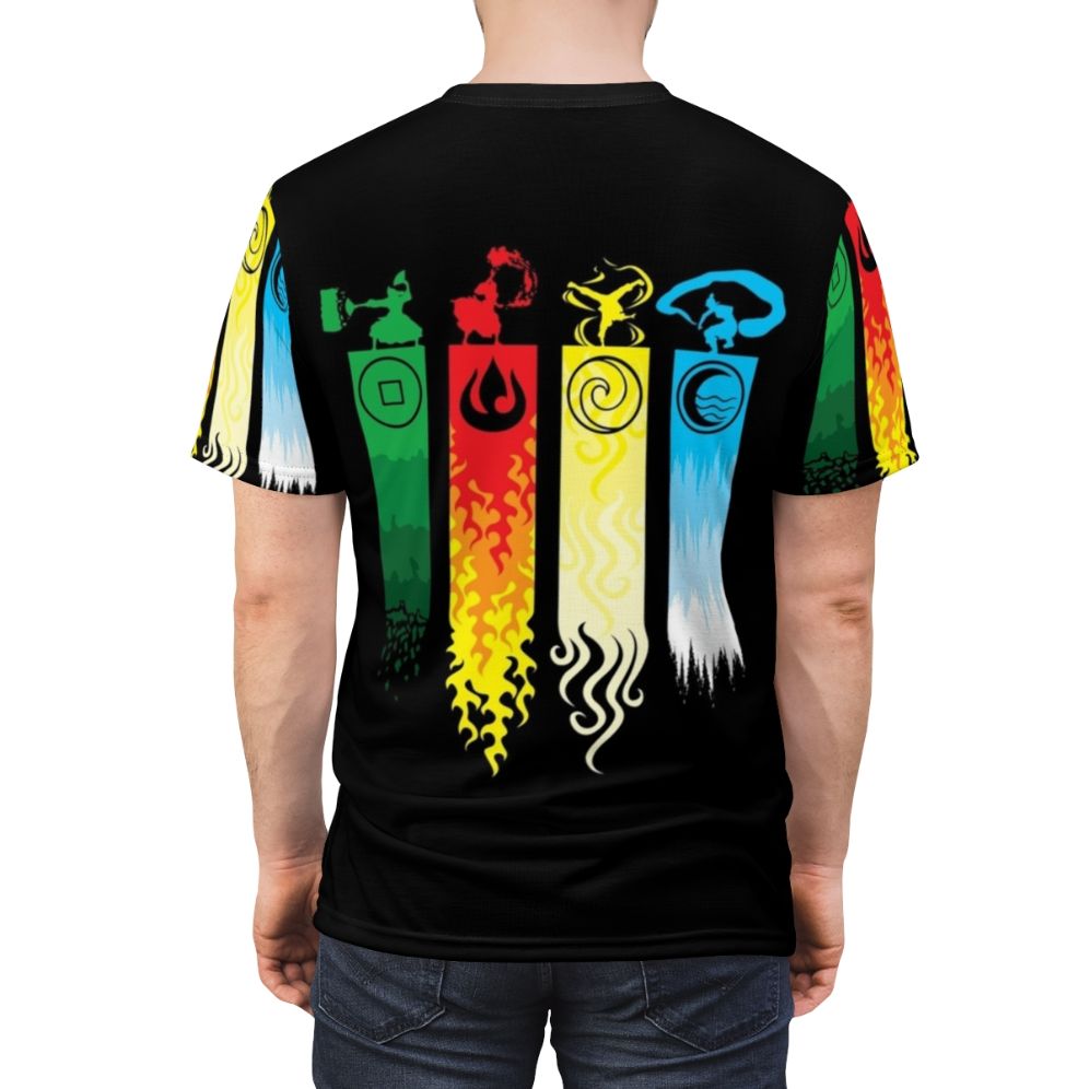 Graphic t-shirt design featuring Aang, the Avatar, and the four elements of water, fire, air, and earth. - men back