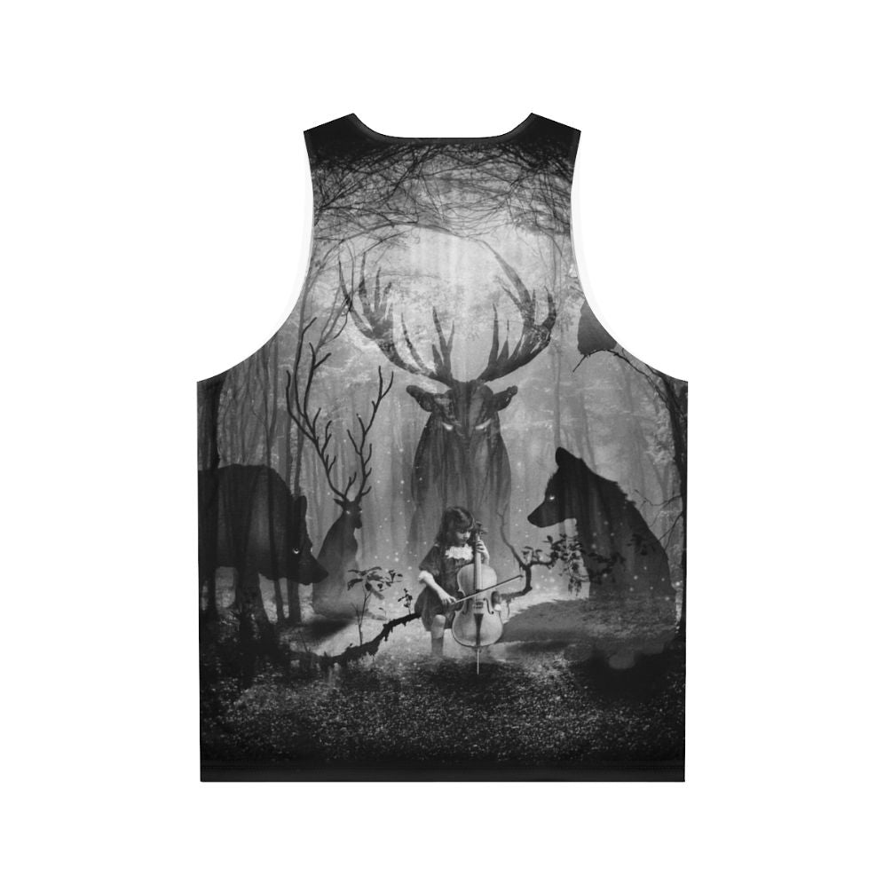 Unisex tank top featuring a forest scene with musical instruments and wild animals - Back