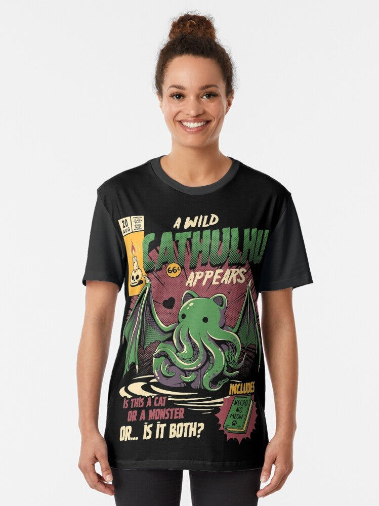 Cthulhu Cat Graphic T-Shirt - Lovecraft Horror Tee - Women