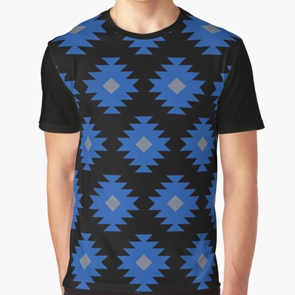 Southwestern Pattern Graphic T-Shirt featuring a native-inspired, geometric design in black, blue, and gray.