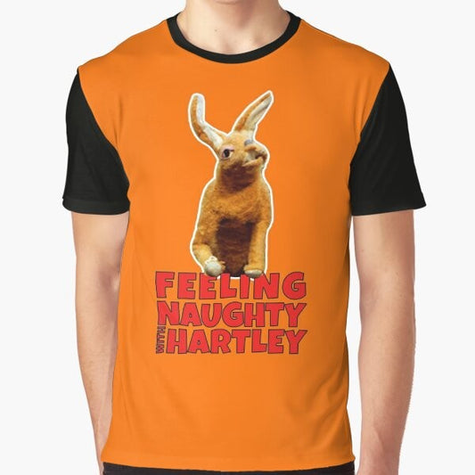 Hartley the Hare wearing a naughty graphic t-shirt