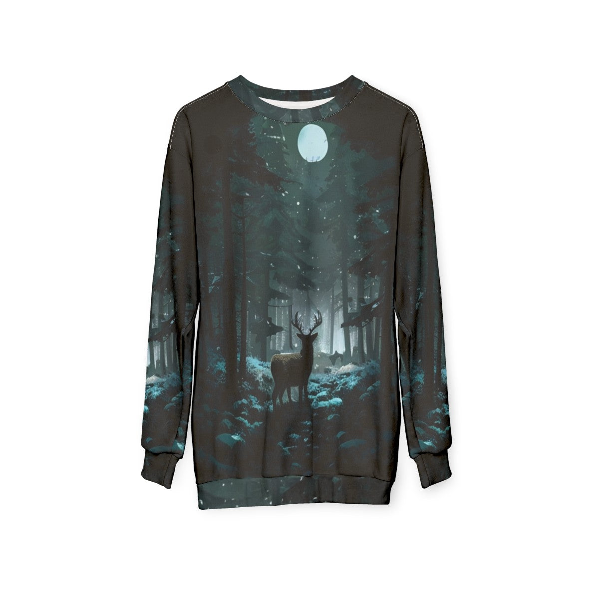 Cozy winter woods deer sweatshirt with snowy landscape and moonlight - hanging