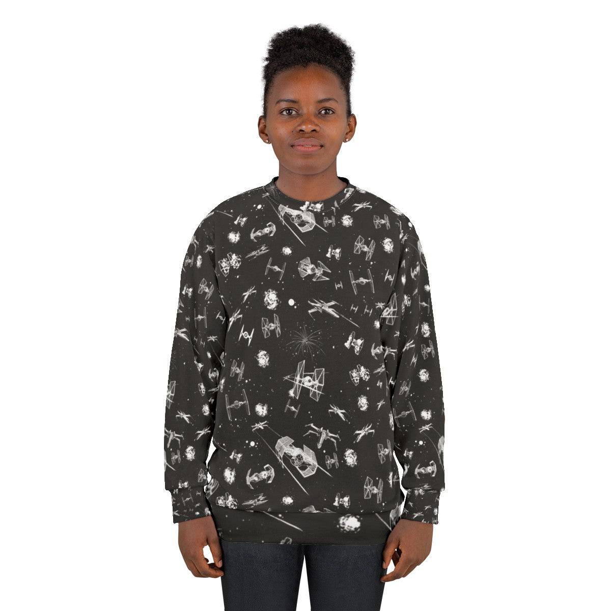 Cosmic Spaceship Battle Sweatshirt featuring space battle scene with spaceships - women