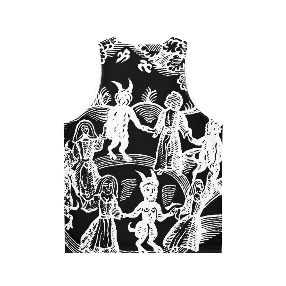 Unisex white 'Dance With The Devil' tank top featuring a vintage-style design with skull, goat, and magical elements - Back