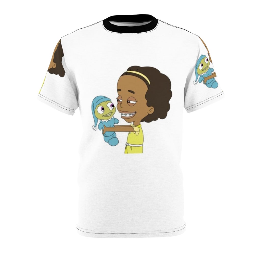 Missy and Mr. Wiggles from the comedy TV show Big Mouth on a colorful all-over print t-shirt