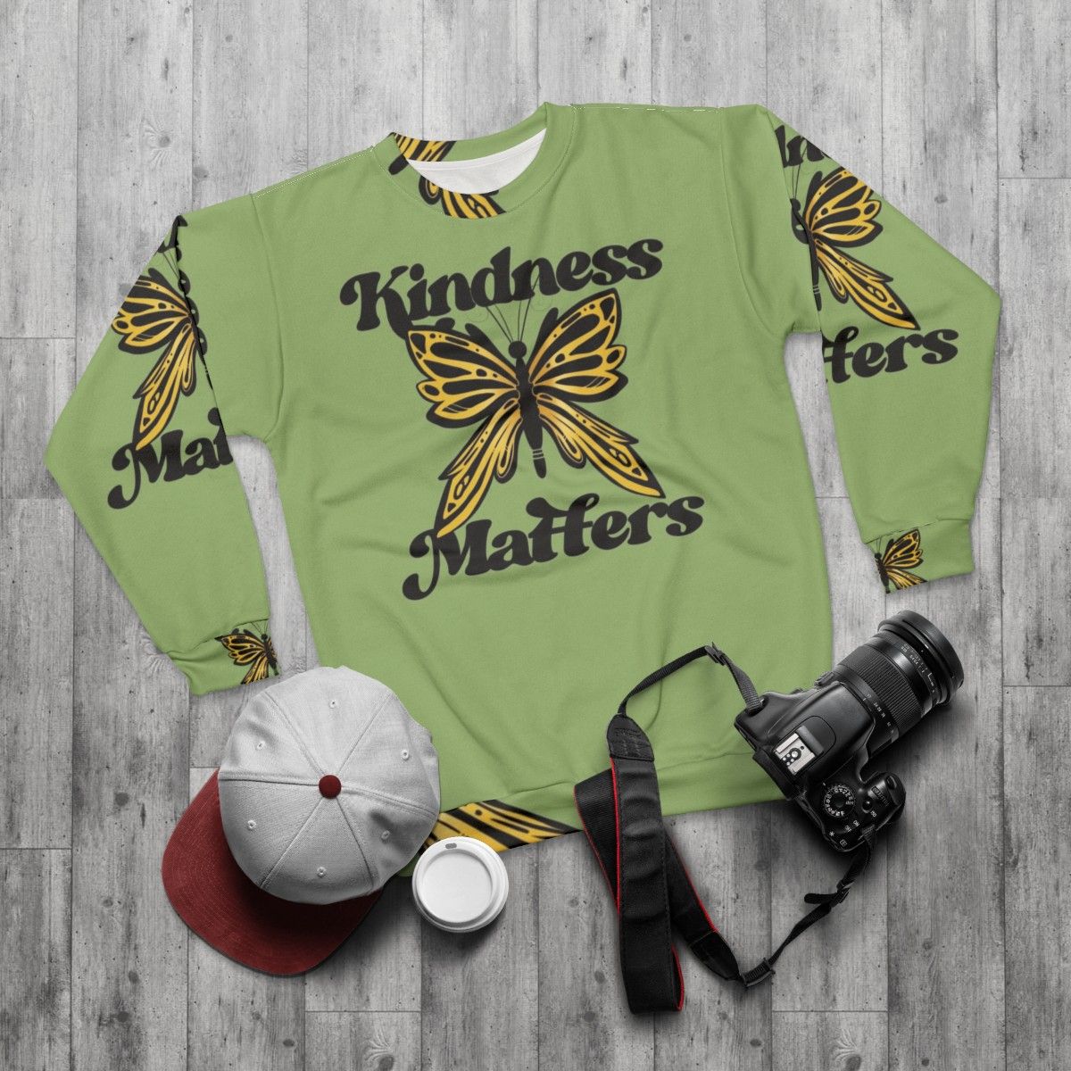 Kindness Matters Sweatshirt with Butterfly Design - flat lay