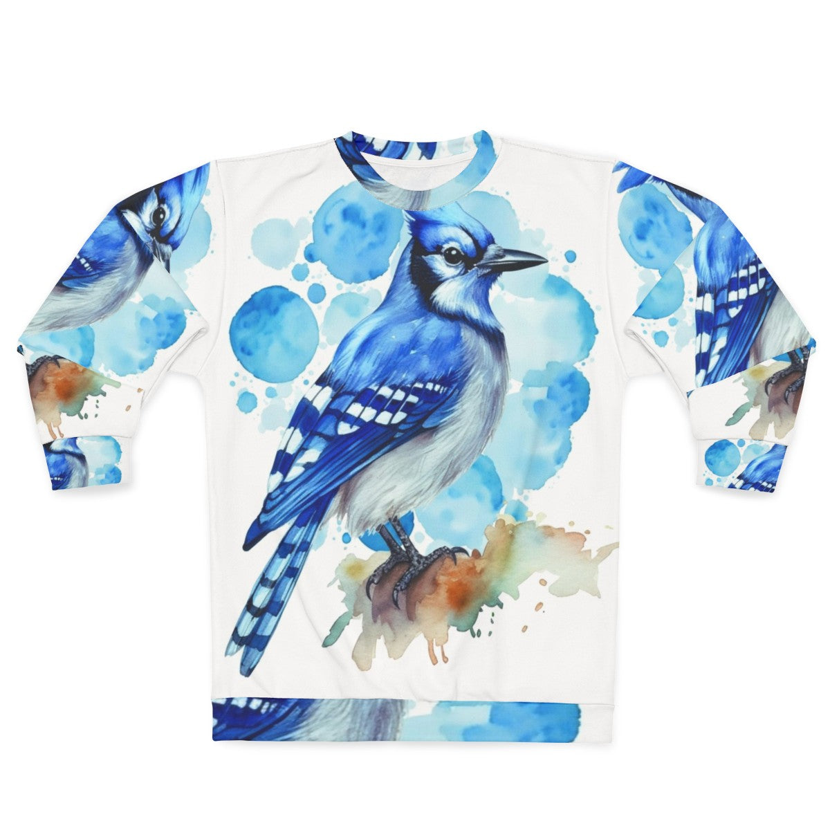 Closeup of a stylish blue jay sweatshirt with watercolor design