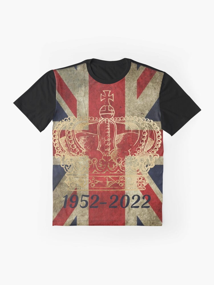 Queen Elizabeth II Platinum Jubilee 70 Years Graphic T-Shirt featuring the Union Jack flag and the crown - Flat lay