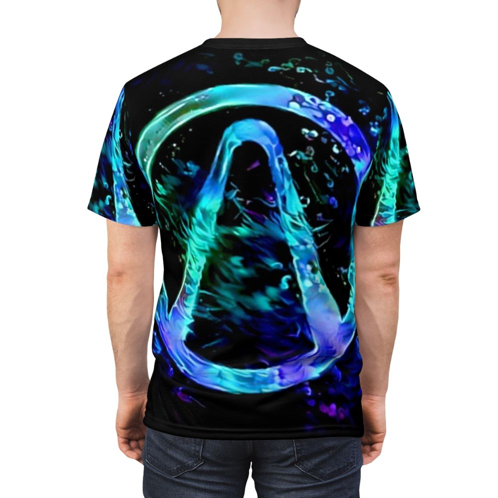 Borderlands-inspired neon black light t-shirt with vault hunter symbol - men back