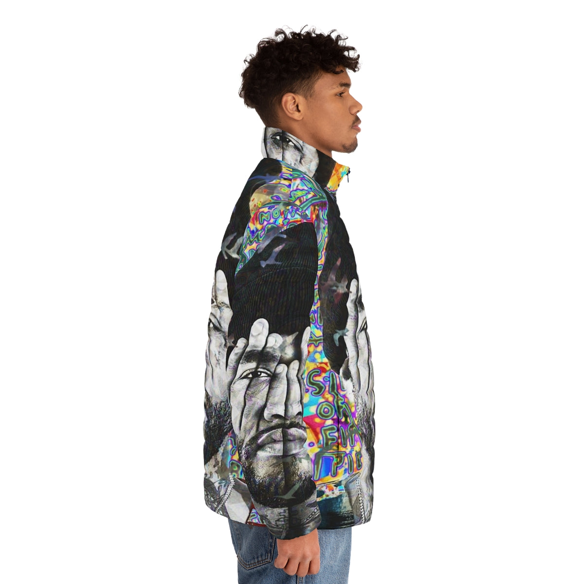 Joyner Lucas Portrait Puffer Jacket featuring the iconic rapper's portrait - men side right