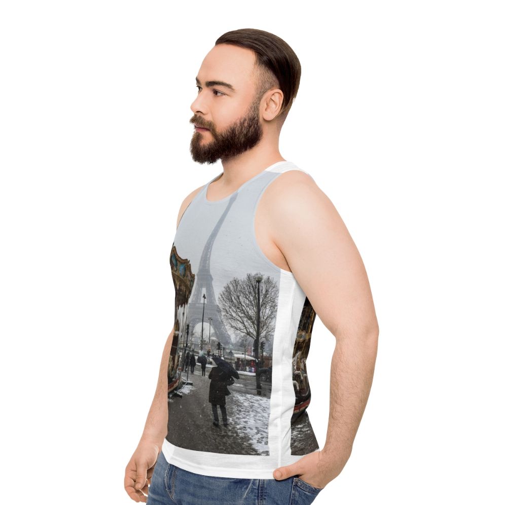 Unisex tank top with Eiffel Tower and winter scene design - men side