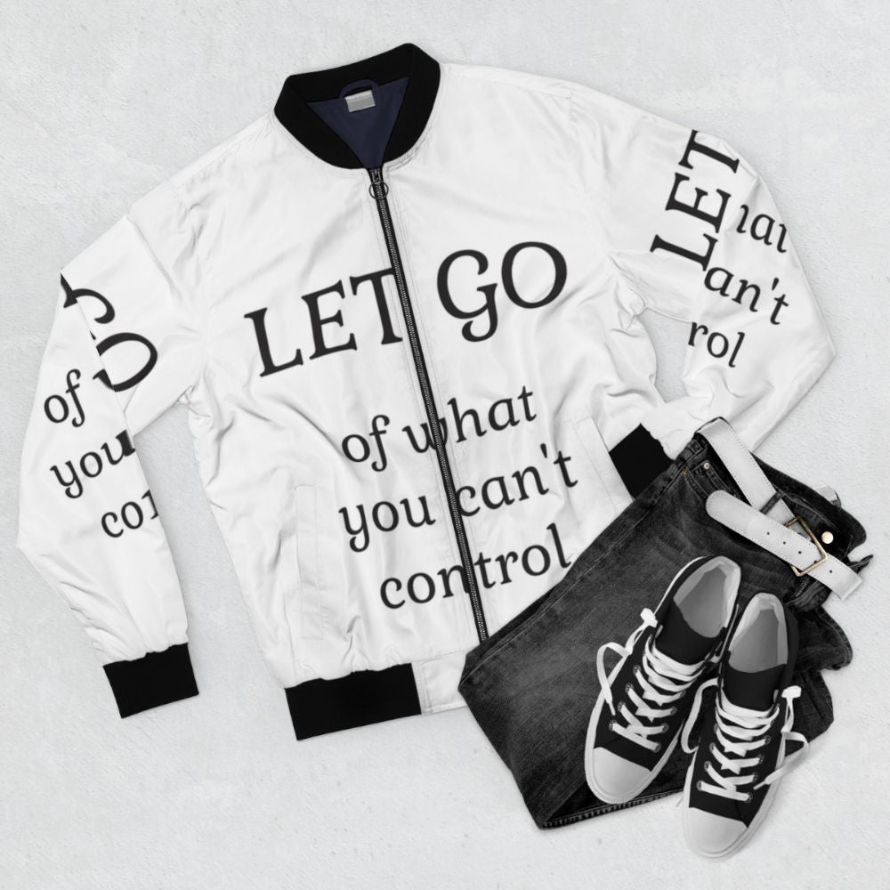 Stoic wisdom bomber jacket with inspirational quote - Flat lay