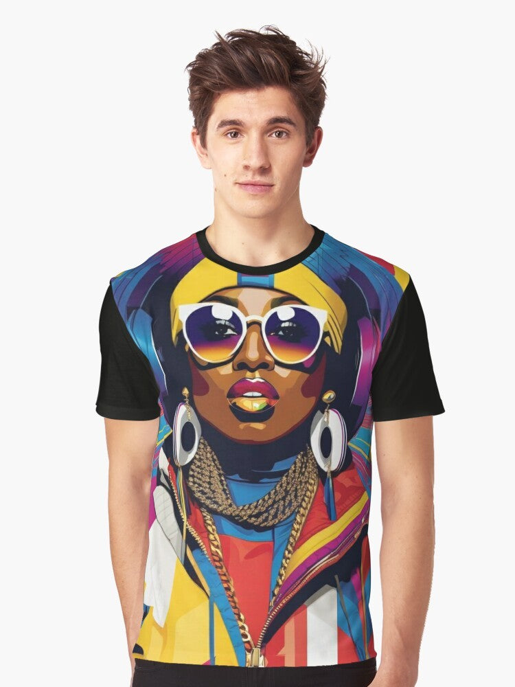 Missy Elliot wearing vibrant, colorful graphic t-shirt with headphones and sunglasses - Men