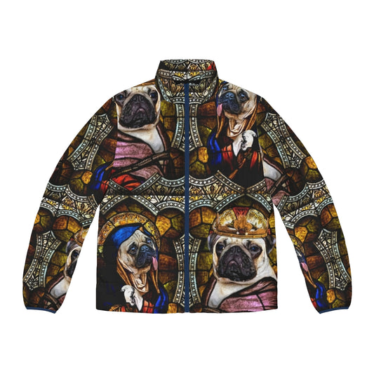 Stained glass pug puffer jacket with a divine and playful design