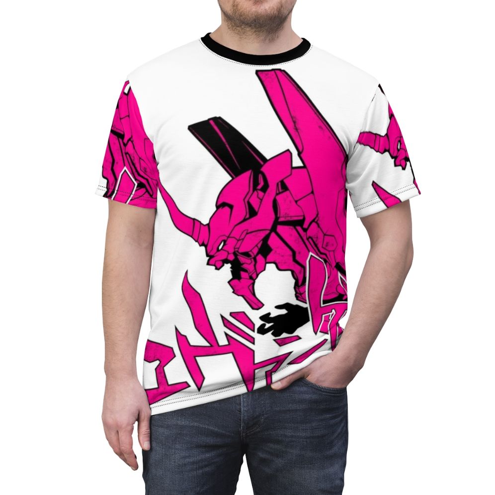 Retro-styled Evangelion anime-inspired all-over print t-shirt with vintage graphic design - men front