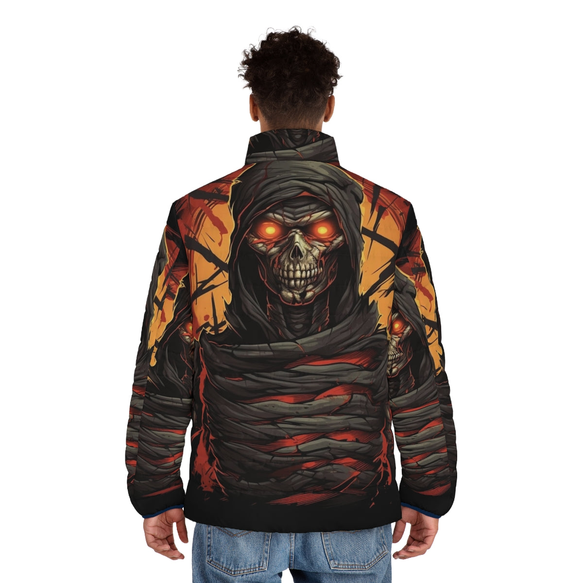 Dark 'Writhing Darkness' puffer jacket with spooky mummy design - men back