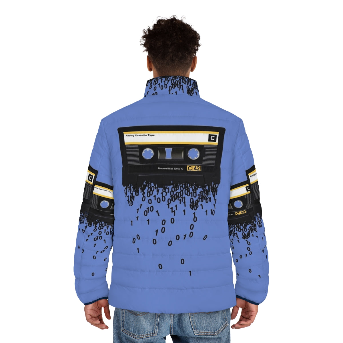 A puffer jacket featuring a vintage cassette tape design, perfect for music lovers and retro enthusiasts. - men back