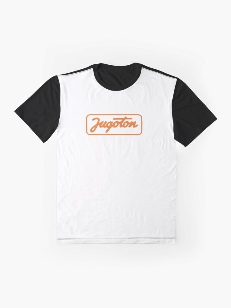 Jugoton retro design graphic t-shirt with Yugoslavia, Croatia, Serbia, and Balkans imagery - Flat lay