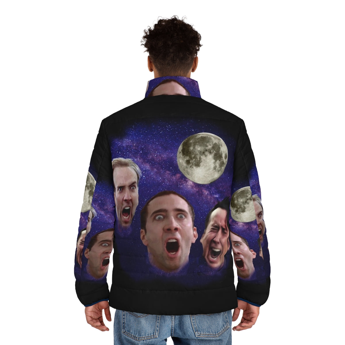 Three Cage Moon Puffer Jacket featuring a hilarious Nicolas Cage meme design - men back