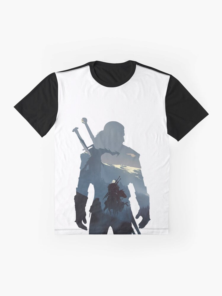 Witcher: The Wild Hunt Graphic T-Shirt featuring characters from the popular video game and Netflix series - Flat lay