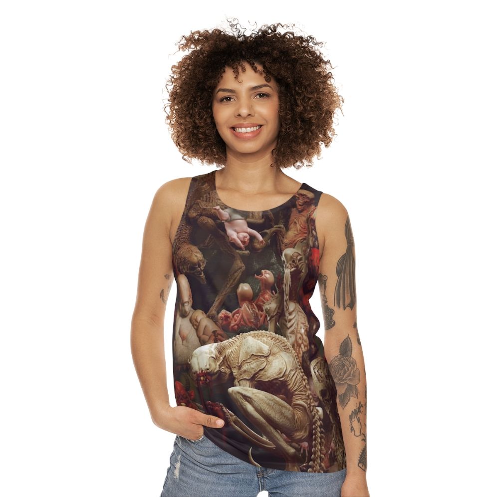 Unisex horror tank top with creature design - women