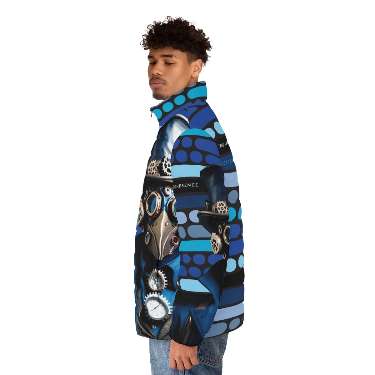 A stylish blue puffer jacket with a steampunk-inspired design, featuring Morse code accents. - men side left