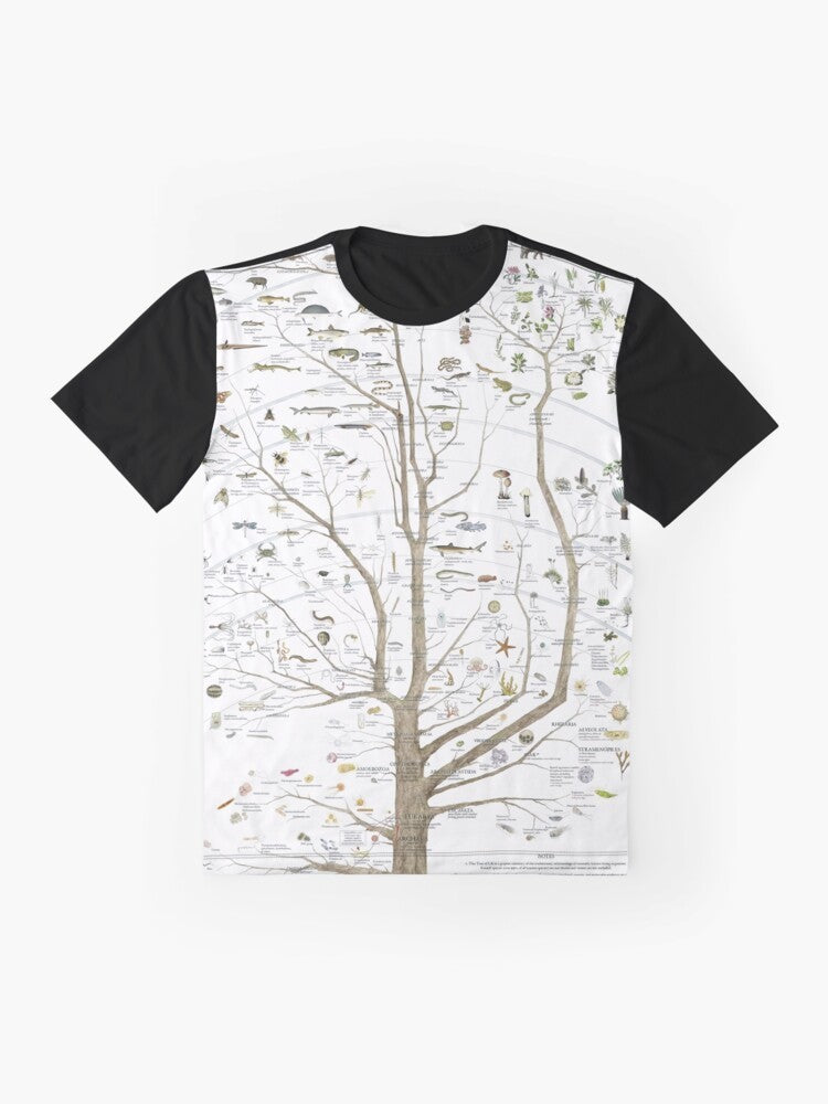 A graphic t-shirt featuring the tree of life, depicting the evolution of various animals including birds and dinosaurs. - Flat lay