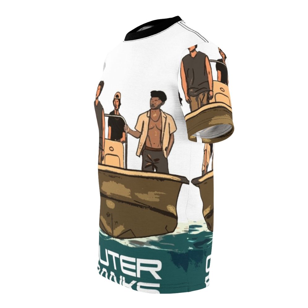 Coastal-inspired Outer Banks tribute t-shirt featuring key characters and icons from the popular Netflix series - men left