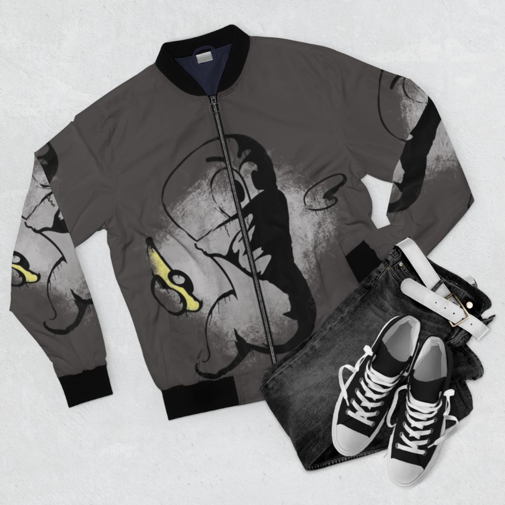 Worms Armageddon Banana Bomb Bomber Jacket with Holy Hand Grenade Design - Flat lay