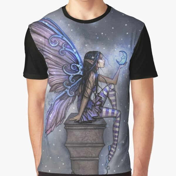 Graphic T-Shirt featuring a fairy design with a blue moon, stars, and celestial elements by artist Molly Harrison