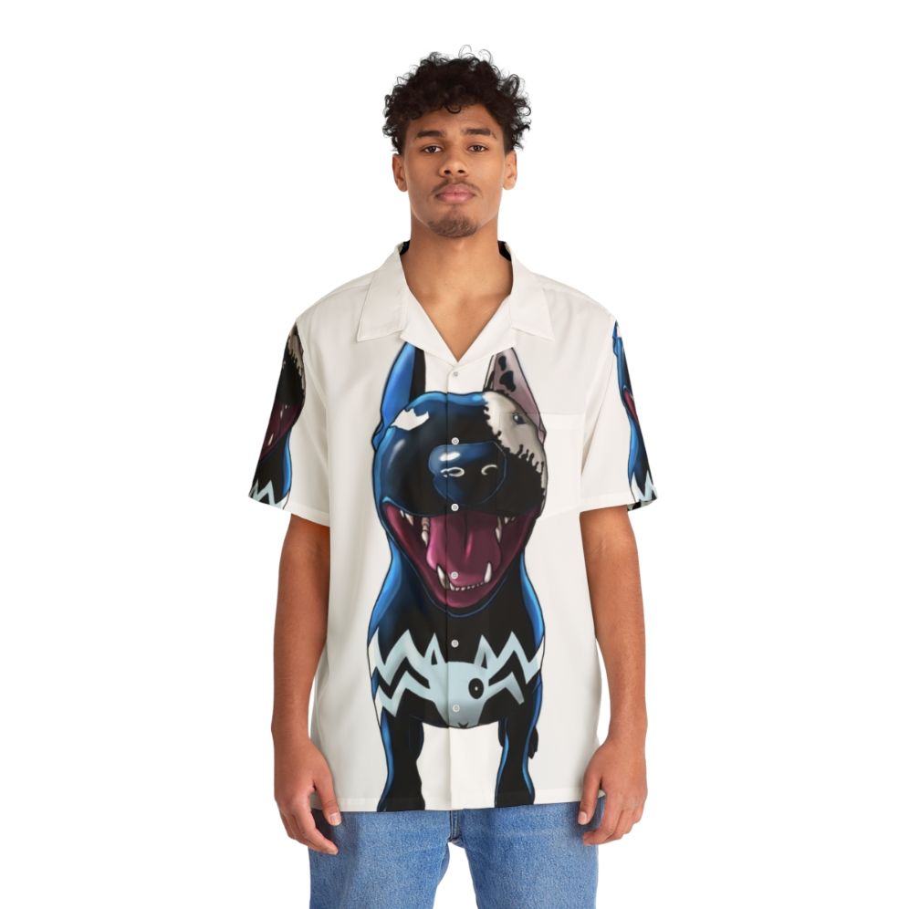 Superhero Supervillain Hawaiian Shirt with Bullterrier Dog - People Front