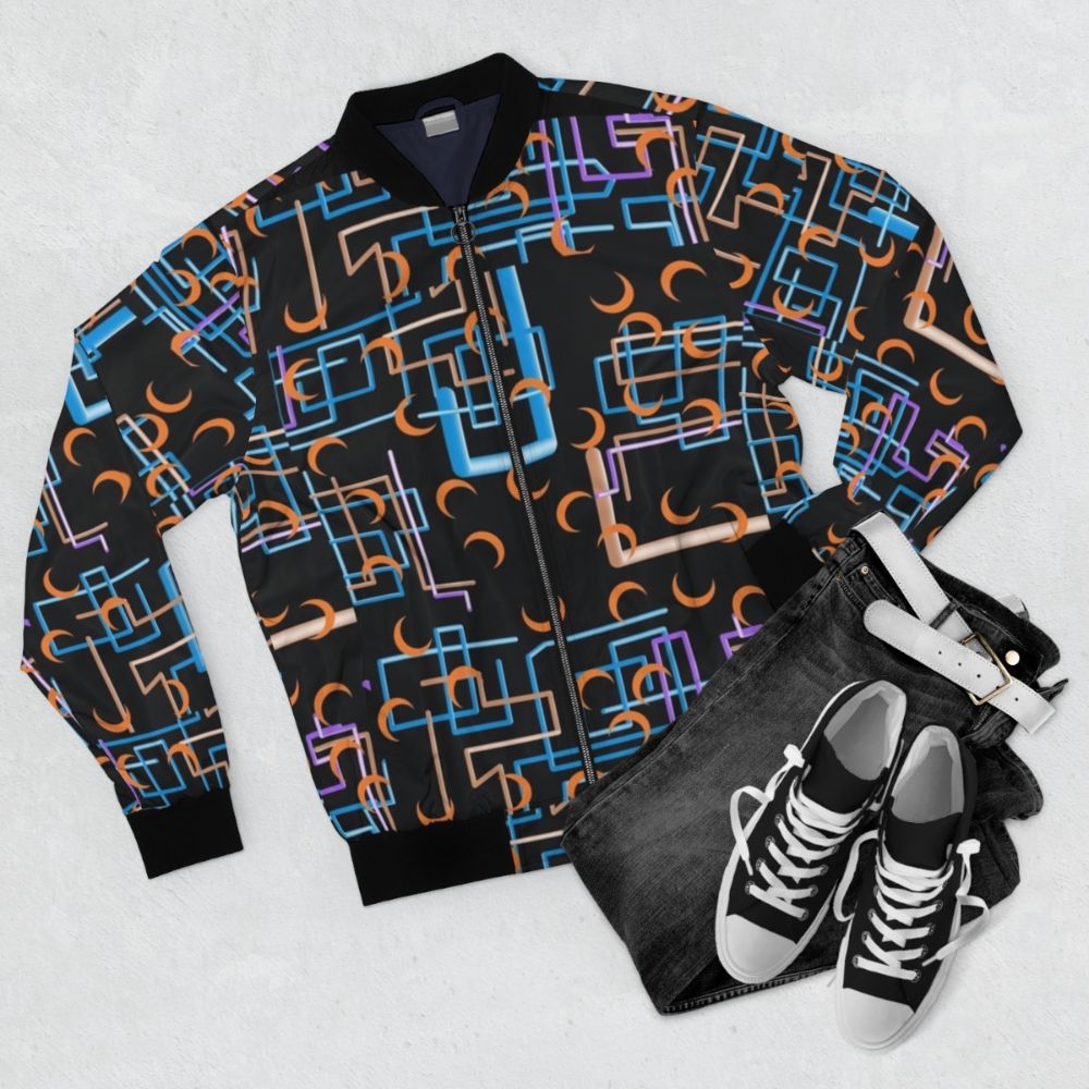 Dan Flashes bomber jacket with a colorful, patterned design inspired by the popular comedy show "I Think You Should Leave with Tim Robinson". - Flat lay